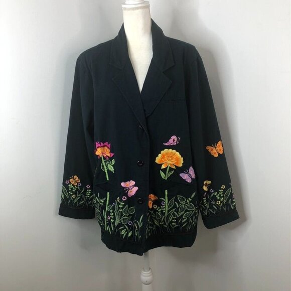 Quacker Factory Womens Black Jacket SZ 1X Embroidered Floral Butterflies *FLAWS* - Picture 2 of 16